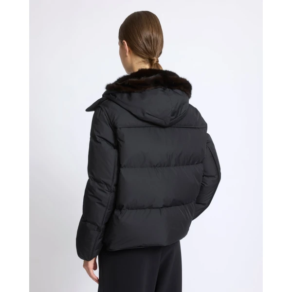 Yves Salomon Iconic A-Line Down Jacket with Mink Fur Hooded Bib in Black | Jackets | Luxury Shoes 
