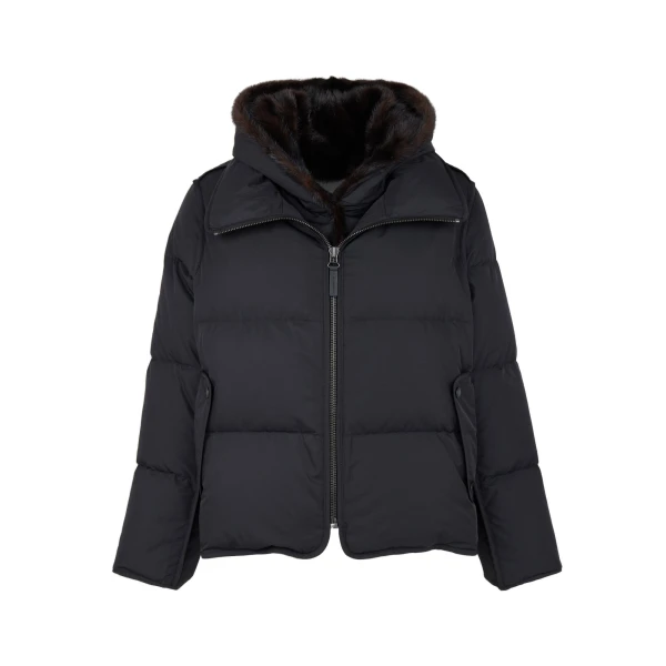 Yves Salomon Iconic A-Line Down Jacket with Mink Fur Hooded Bib in Black | Women | Luxury Shoes 