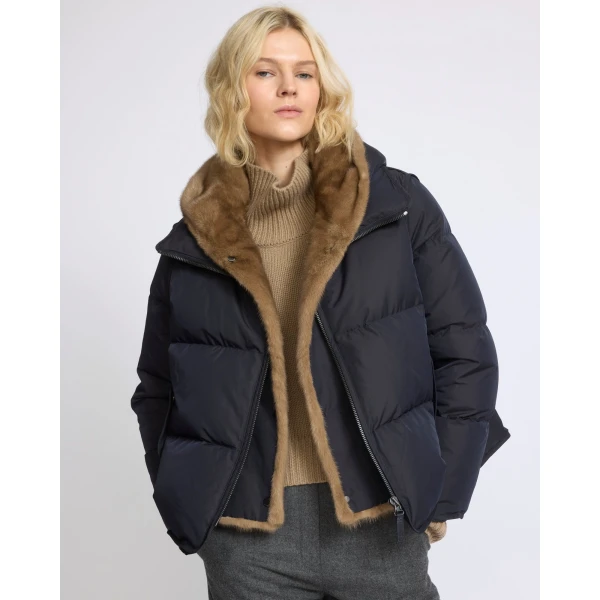 Yves Salomon Iconic A-Line Down Jacket with Mink Fur Hooded Bib in Blue and Beige | Jackets | Luxury Shoes 