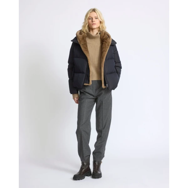 Yves Salomon Iconic A-Line Down Jacket with Mink Fur Hooded Bib in Blue and Beige | Jackets | Luxury Shoes 