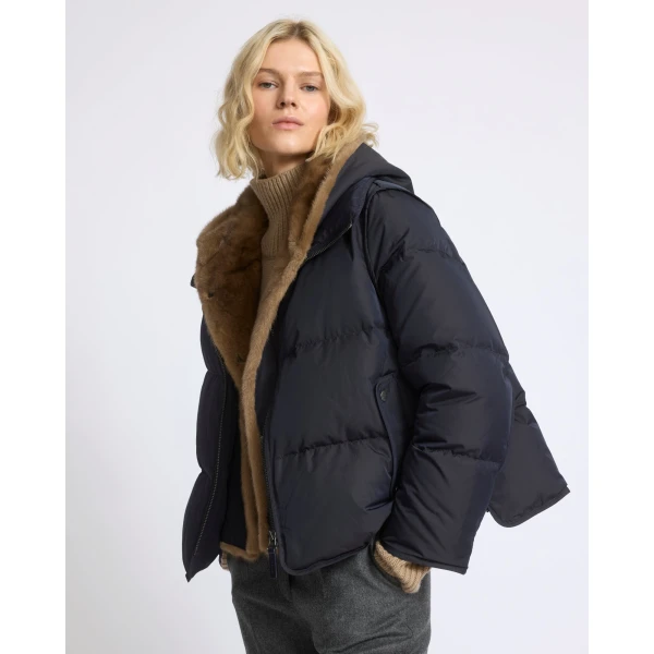 Yves Salomon Iconic A-Line Down Jacket with Mink Fur Hooded Bib in Blue and Beige | Jackets | Luxury Shoes 