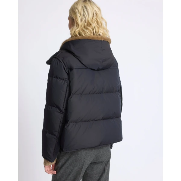 Yves Salomon Iconic A-Line Down Jacket with Mink Fur Hooded Bib in Blue and Beige | Jackets | Luxury Shoes 