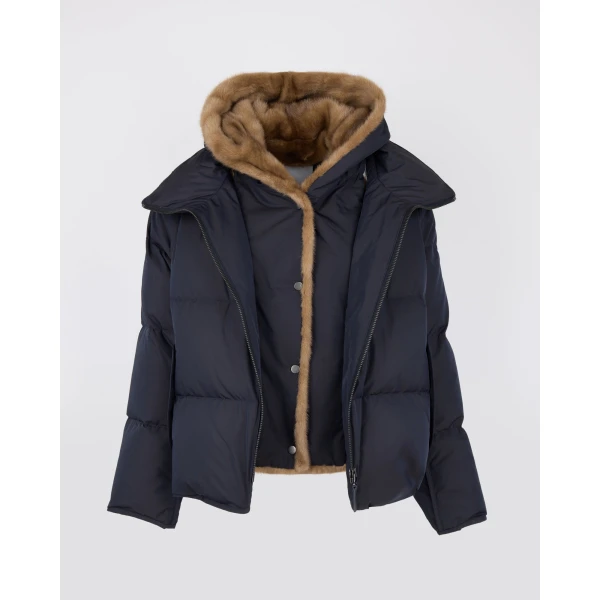 Yves Salomon Iconic A-Line Down Jacket with Mink Fur Hooded Bib in Blue and Beige | Jackets | Luxury Shoes 