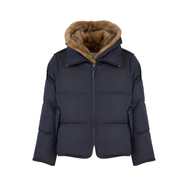 Yves Salomon Iconic A-Line Down Jacket with Mink Fur Hooded Bib in Blue and Beige | Women | Luxury Shoes 