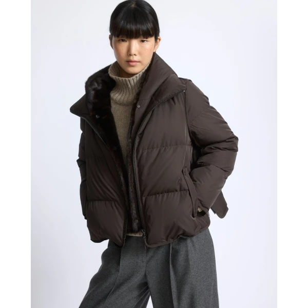 Yves Salomon Iconic A-Line Down Jacket with Mink Fur Hooded Bib in Brown | Jackets | Luxury Shoes 