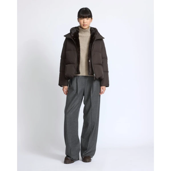 Yves Salomon Iconic A-Line Down Jacket with Mink Fur Hooded Bib in Brown | Jackets | Luxury Shoes 