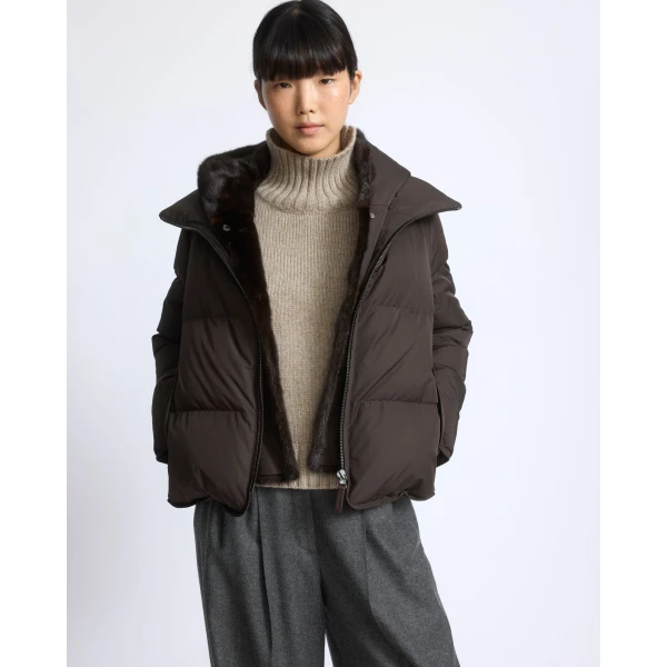 Yves Salomon Iconic A-Line Down Jacket with Mink Fur Hooded Bib in Brown | Jackets | Luxury Shoes 