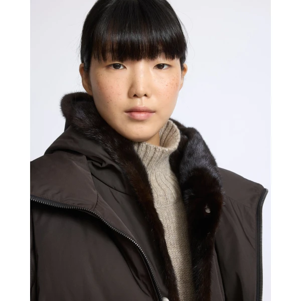 Yves Salomon Iconic A-Line Down Jacket with Mink Fur Hooded Bib in Brown | Jackets | Luxury Shoes 