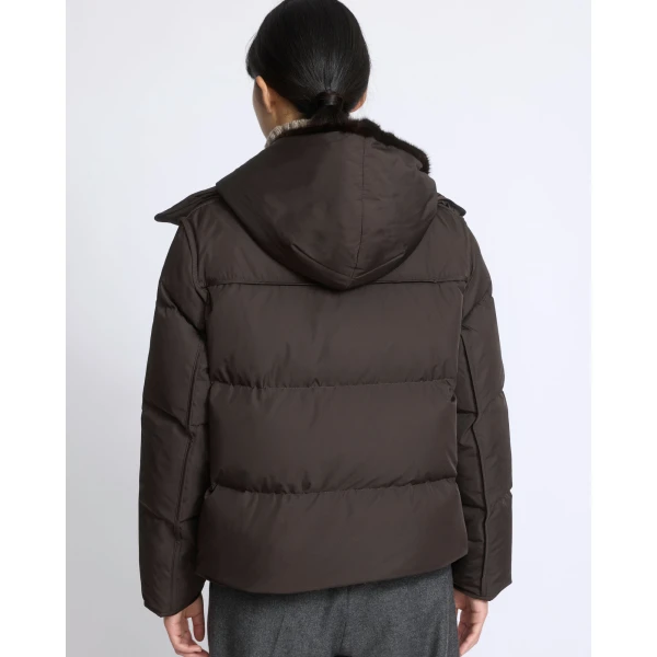 Yves Salomon Iconic A-Line Down Jacket with Mink Fur Hooded Bib in Brown | Jackets | Luxury Shoes 