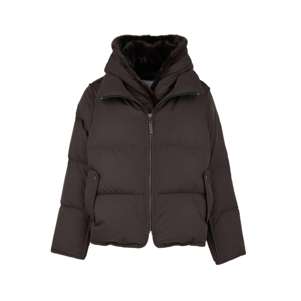 Yves Salomon Iconic A-Line Down Jacket with Mink Fur Hooded Bib in Brown | Women | Luxury Shoes 