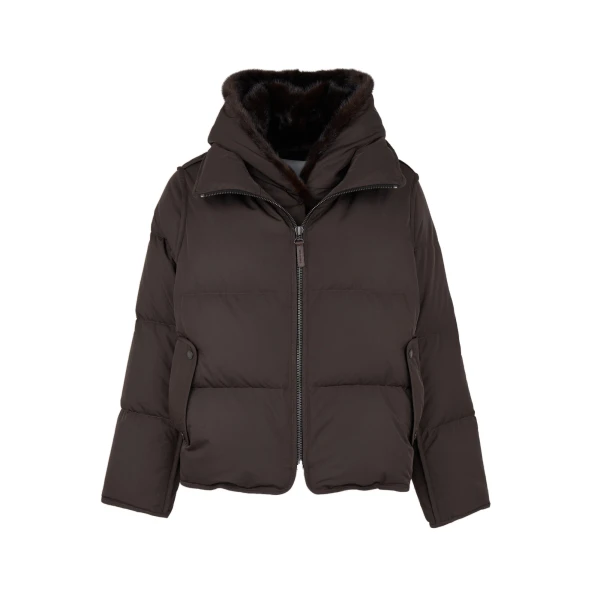 Yves Salomon Iconic A-Line Down Jacket with Mink Fur Hooded Bib in Brown | Women | Luxury Shoes 