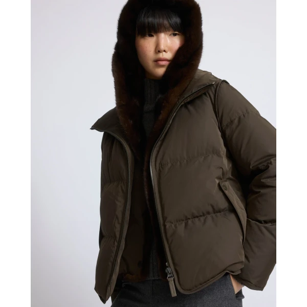 Yves Salomon Iconic A-Line Down Jacket with Mink Fur Hooded Bib in Khaki | Jackets | Luxury Shoes 