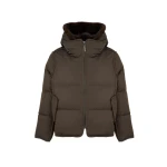 Yves Salomon Iconic A-Line Down Jacket with Mink Fur Hooded Bib in Khaki | Women | Luxury Shoes 