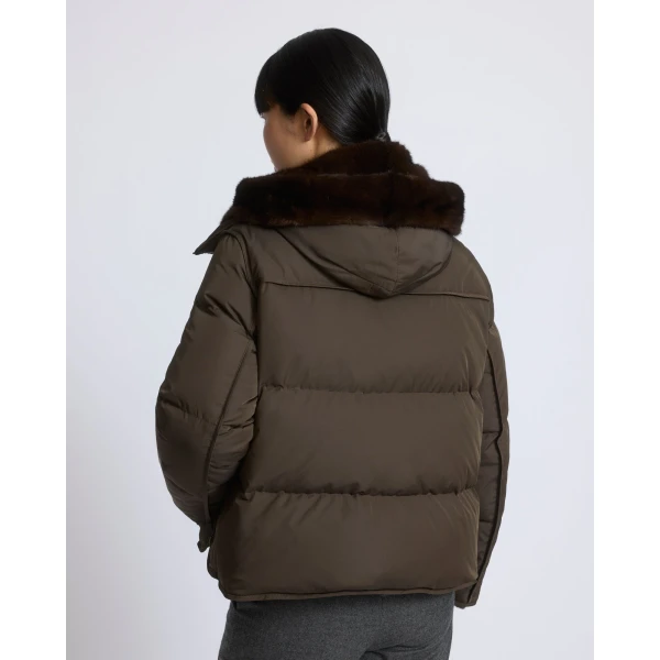 Yves Salomon Iconic A-Line Down Jacket with Mink Fur Hooded Bib in Khaki | Jackets | Luxury Shoes 