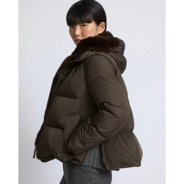 Yves Salomon Iconic A-Line Down Jacket with Mink Fur Hooded Bib in Khaki | Jackets | Luxury Shoes 