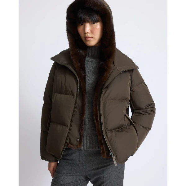 Yves Salomon Iconic A-Line Down Jacket with Mink Fur Hooded Bib in Khaki | Jackets | Luxury Shoes 
