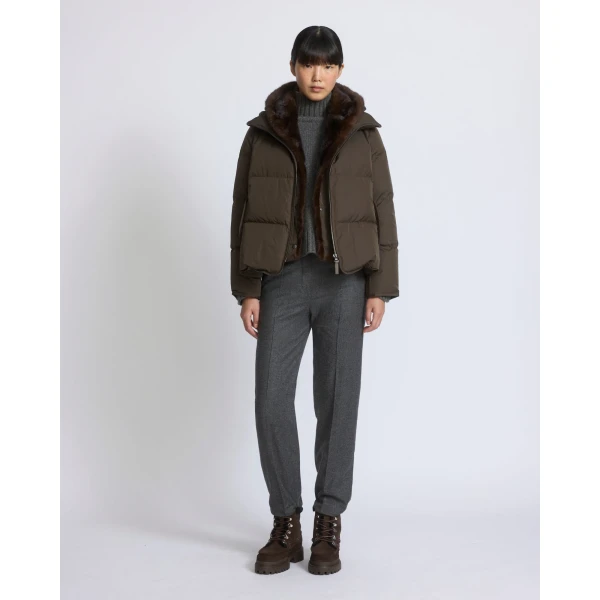 Yves Salomon Iconic A-Line Down Jacket with Mink Fur Hooded Bib in Khaki | Jackets | Luxury Shoes 