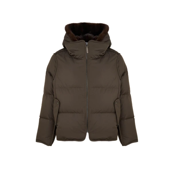 Yves Salomon Iconic A-Line Down Jacket with Mink Fur Hooded Bib in Khaki | Women | Luxury Shoes 