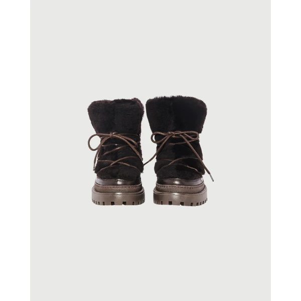 Yves Salomon Lace-Up Mid-Length Shearling Boots in Brown | Boots | Luxury Shoes 