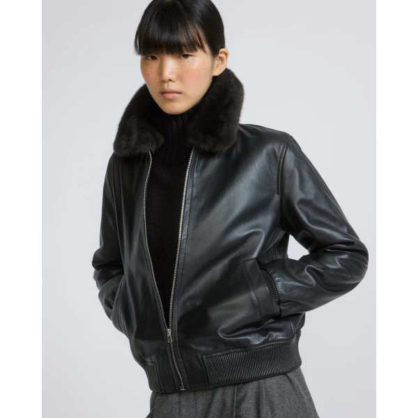 Yves Salomon Lambskin Leather Bomber Jacket with Removable Mink Collar in Black | Leather Jackets | Luxury Shoes 
