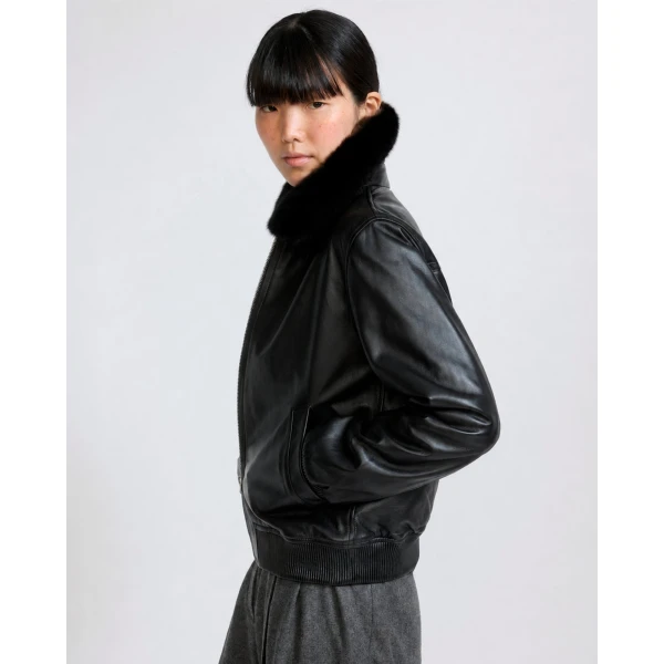 Yves Salomon Lambskin Leather Bomber Jacket with Removable Mink Collar in Black | Leather Jackets | Luxury Shoes 