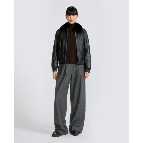 Yves Salomon Lambskin Leather Bomber Jacket with Removable Mink Collar in Black | Leather Jackets | Luxury Shoes 