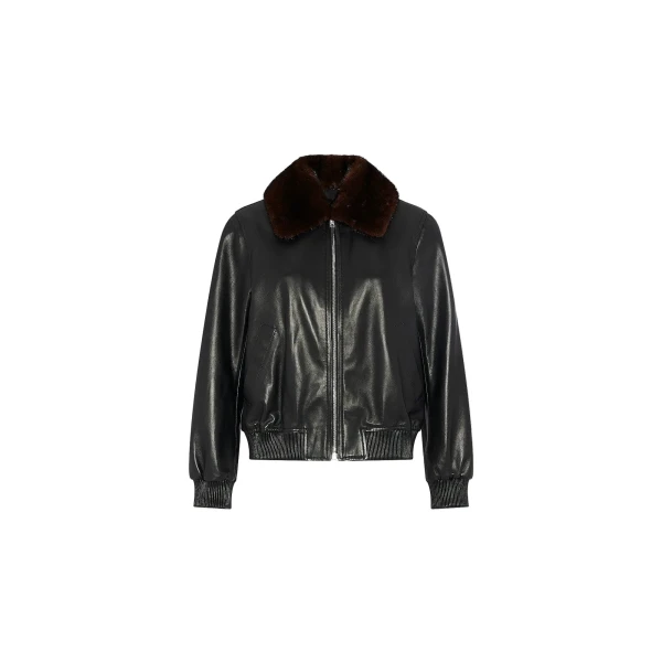 Lambskin Leather Bomber Jacket with Removable Mink Collar in Black
