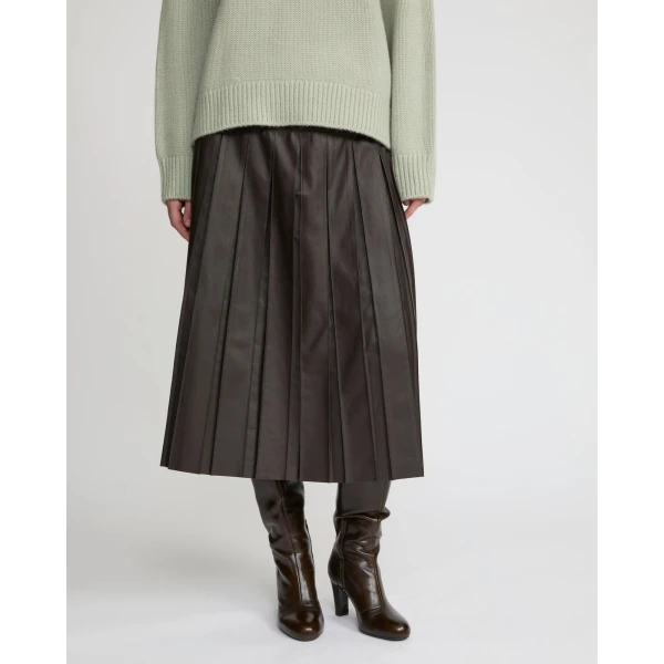 Yves Salomon Lambskin Leather Pleated Skirt in Brown | Leather Skirts | Luxury Shoes 