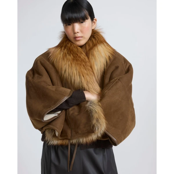Yves Salomon Lambskin Shearling Cape with Fox Fur Collar in Golden Camel | Shearling Coat | Luxury Shoes 