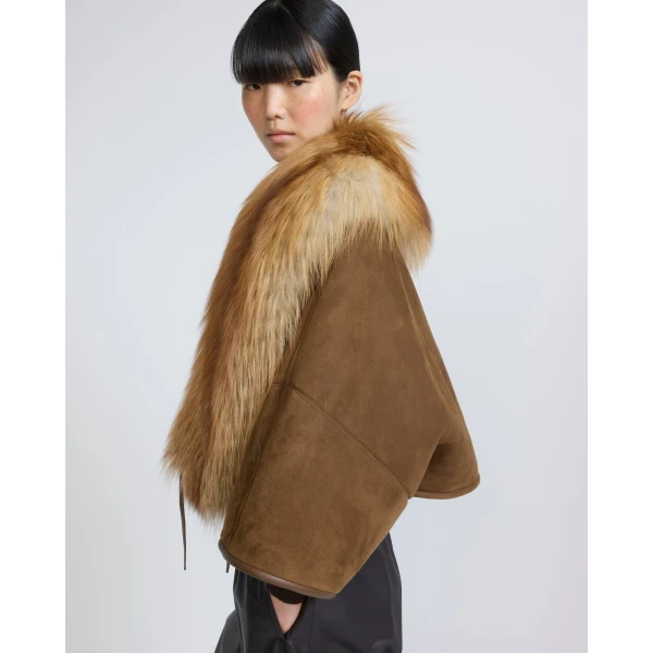 Yves Salomon Lambskin Shearling Cape with Fox Fur Collar in Golden Camel | Shearling Coat | Luxury Shoes 