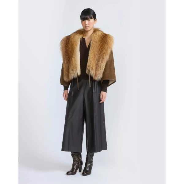Yves Salomon Lambskin Shearling Cape with Fox Fur Collar in Golden Camel | Shearling Coat | Luxury Shoes 