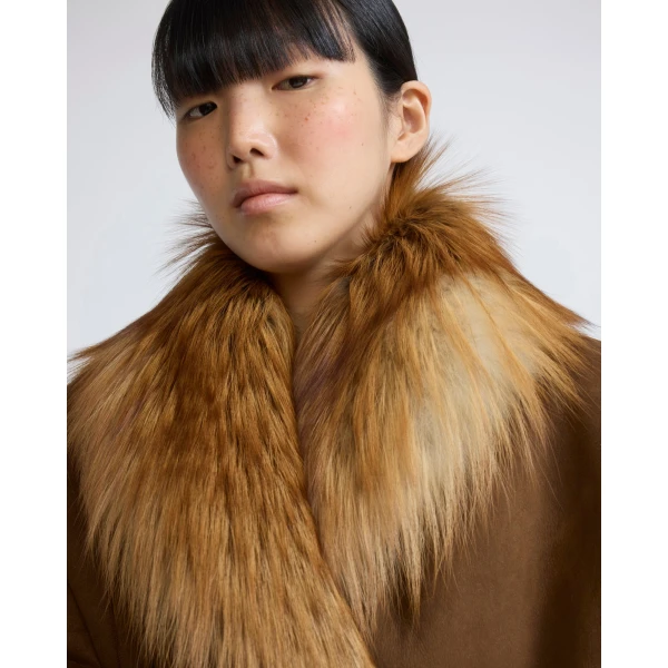 Yves Salomon Lambskin Shearling Cape with Fox Fur Collar in Golden Camel | Shearling Coat | Luxury Shoes 