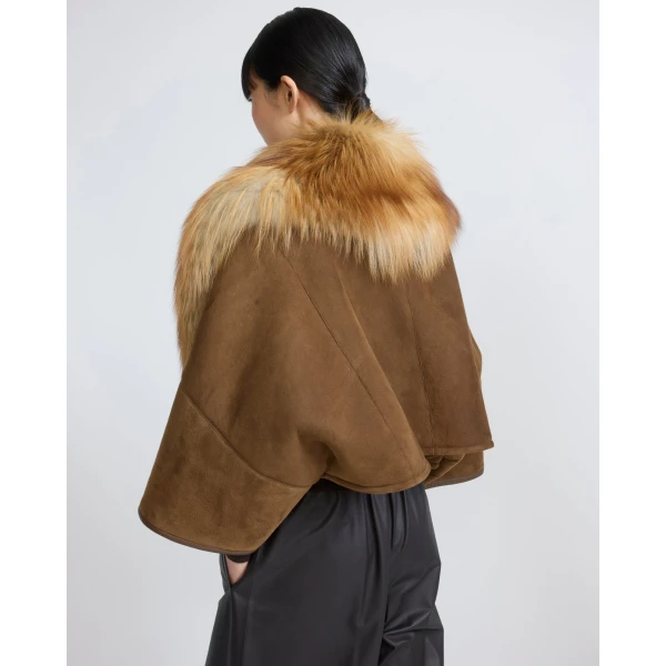 Yves Salomon Lambskin Shearling Cape with Fox Fur Collar in Golden Camel | Shearling Coat | Luxury Shoes 