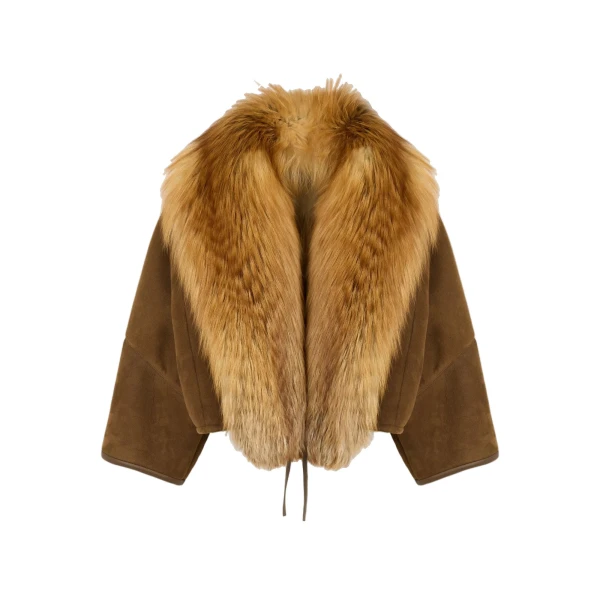 Yves Salomon Lambskin Shearling Cape with Fox Fur Collar in Golden Camel | Shearling Coat | Luxury Shoes 
