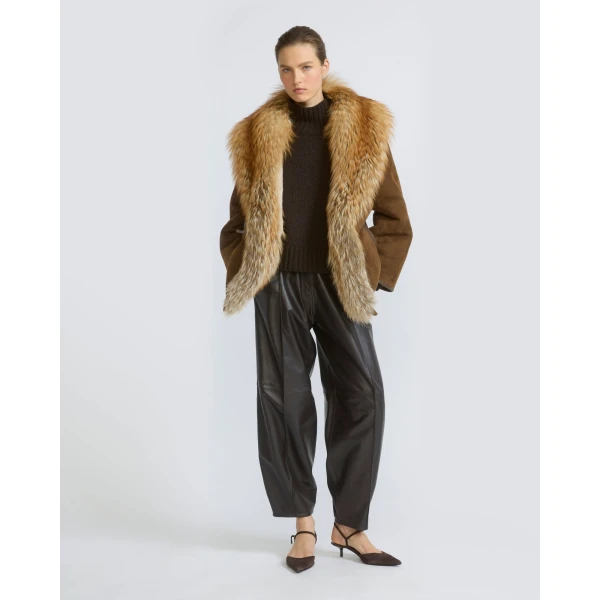 Yves Salomon Lambskin Shearling Coat with Fox Fur Collar in Golden Camel | Shearling Coat | Luxury Shoes 