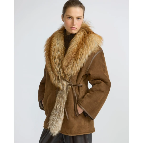 Yves Salomon Lambskin Shearling Coat with Fox Fur Collar in Golden Camel | Shearling Coat | Luxury Shoes 