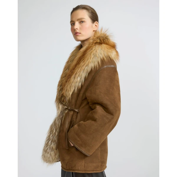 Yves Salomon Lambskin Shearling Coat with Fox Fur Collar in Golden Camel | Shearling Coat | Luxury Shoes 