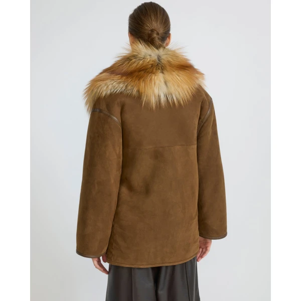 Yves Salomon Lambskin Shearling Coat with Fox Fur Collar in Golden Camel | Shearling Coat | Luxury Shoes 