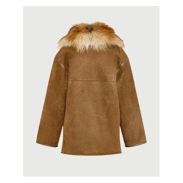 Yves Salomon Lambskin Shearling Coat with Fox Fur Collar in Golden Camel | Shearling Coat | Luxury Shoes 