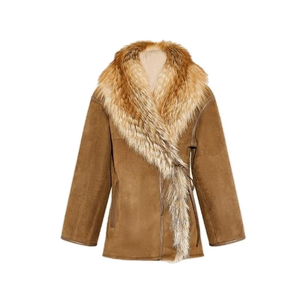Lambskin Shearling Coat with Fox Fur Collar in Golden Camel