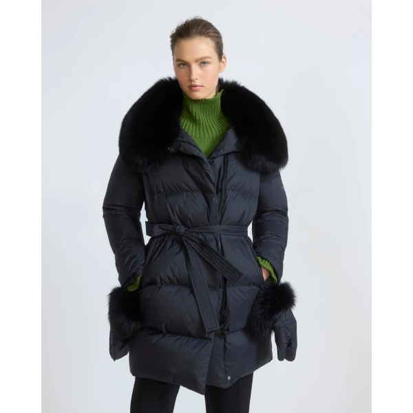 Yves Salomon Long Belted Waterproof Down Jacket with Fox Fur Trim in Black | Coats | Luxury Shoes 