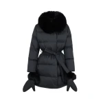 Yves Salomon Long Belted Waterproof Down Jacket with Fox Fur Trim in Black | Coats | Luxury Shoes 
