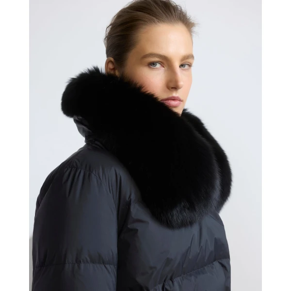 Yves Salomon Long Belted Waterproof Down Jacket with Fox Fur Trim in Black | Coats | Luxury Shoes 
