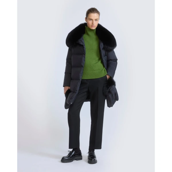 Yves Salomon Long Belted Waterproof Down Jacket with Fox Fur Trim in Black | Coats | Luxury Shoes 