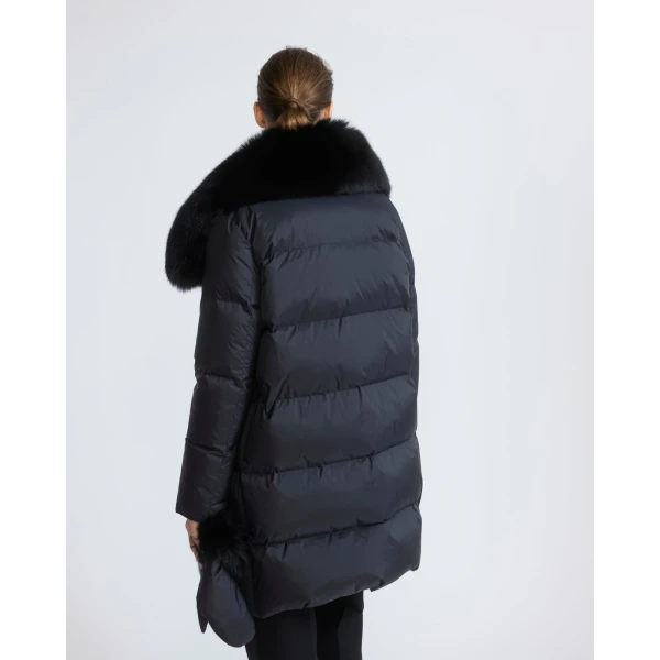 Yves Salomon Long Belted Waterproof Down Jacket with Fox Fur Trim in Black | Coats | Luxury Shoes 