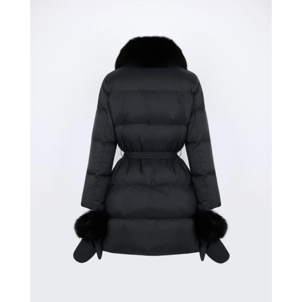 Yves Salomon Long Belted Waterproof Down Jacket with Fox Fur Trim in Black | Coats | Luxury Shoes 