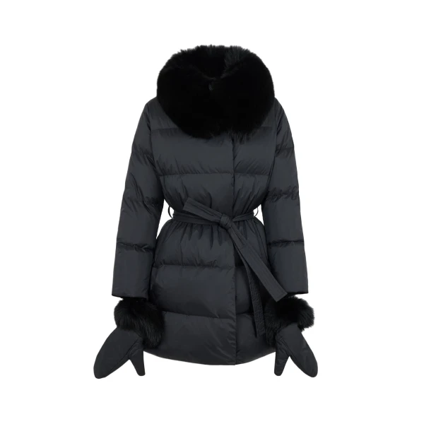 Long Belted Waterproof Down Jacket with Fox Fur Trim in Black