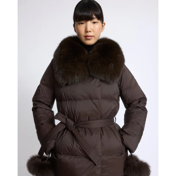 Yves Salomon Long Belted Waterproof Down Jacket with Fox Fur Trim in Brown | Coats | Luxury Shoes 
