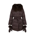 Yves Salomon Long Belted Waterproof Down Jacket with Fox Fur Trim in Brown | Coats | Luxury Shoes 