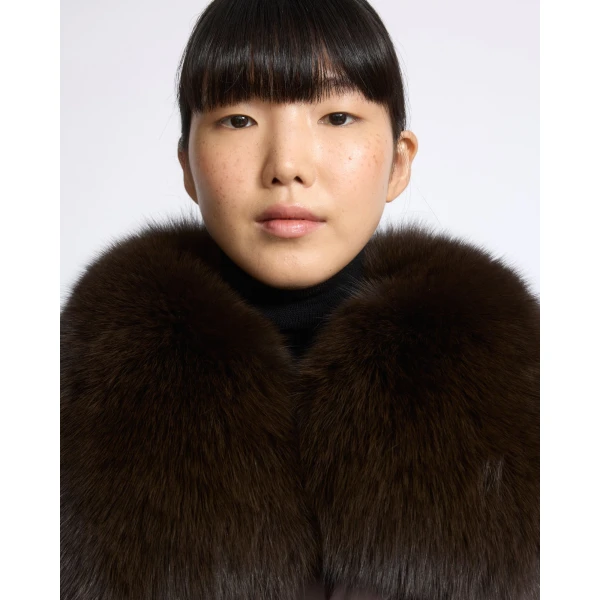 Yves Salomon Long Belted Waterproof Down Jacket with Fox Fur Trim in Brown | Coats | Luxury Shoes 